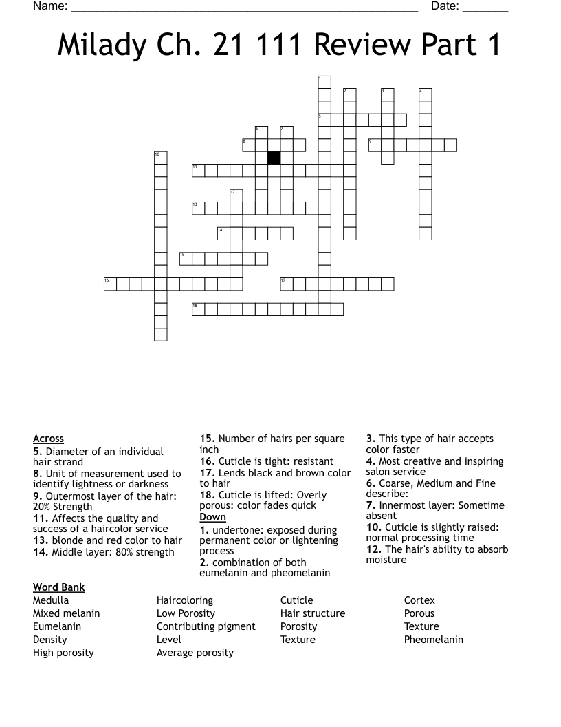 Milady Ch. 21 111 Review Part 1 Crossword