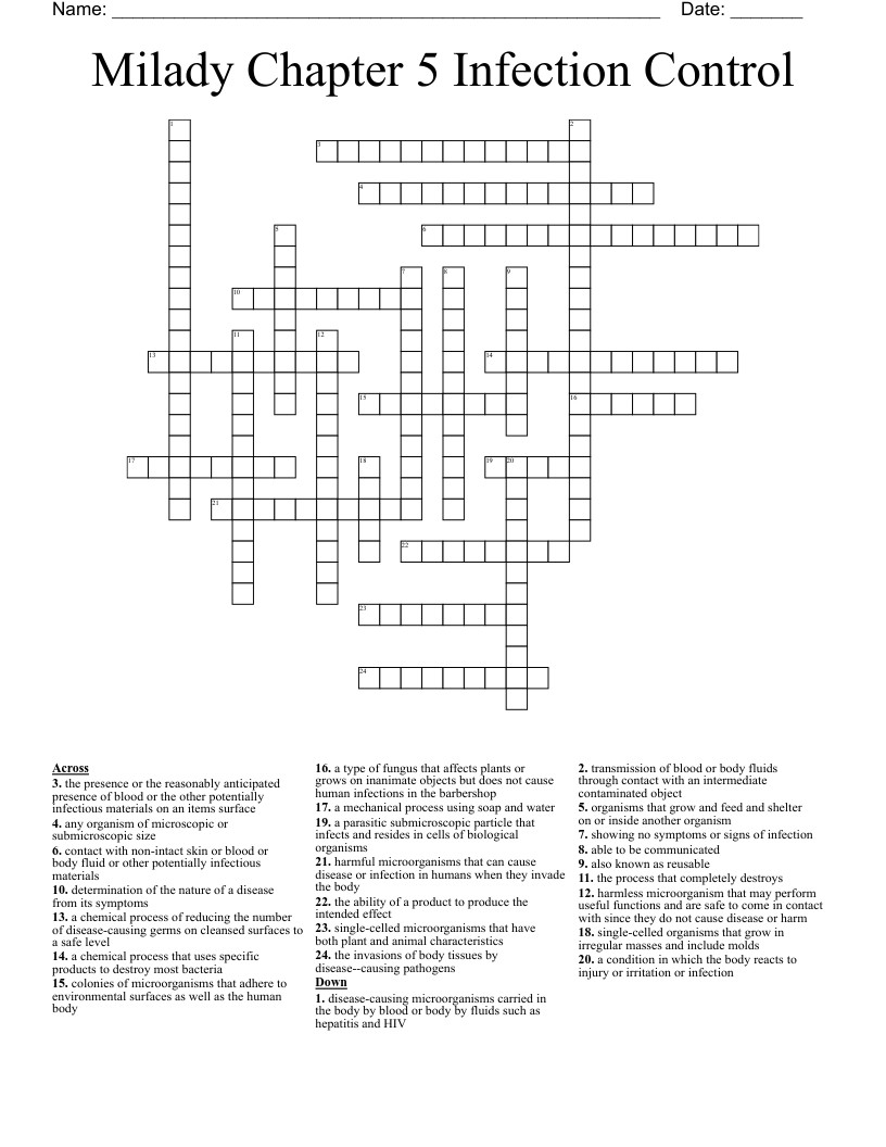 Milady Chapter 5 Infection Control Crossword
