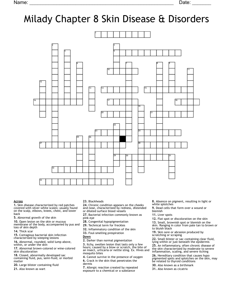 Milady Chapter 8 Skin Disease & Disorders Crossword