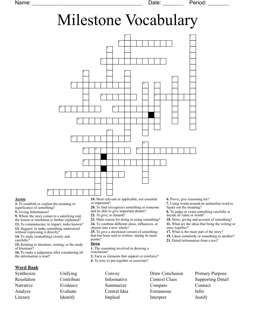 Milestone Vocabulary Crossword