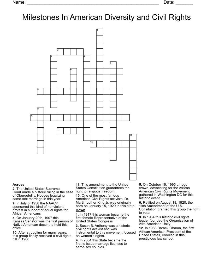 Milestones In American Diversity and Civil Rights Crossword