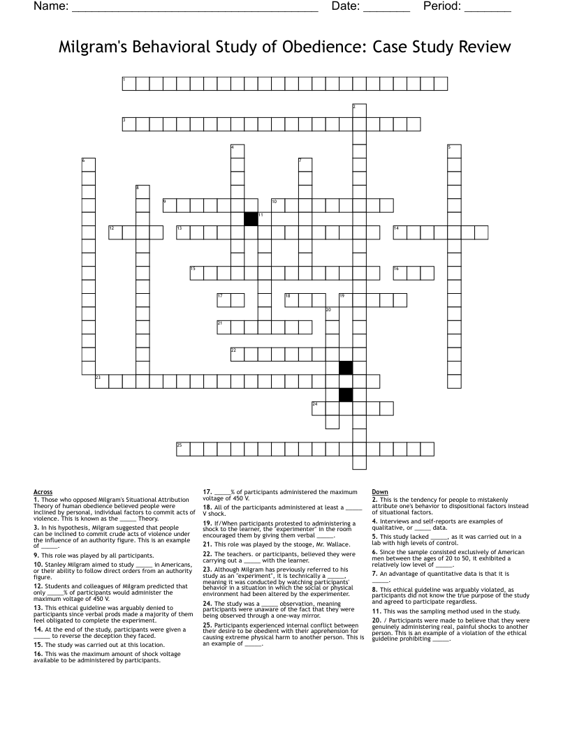 Milgram's Behavioral Study of Obedience: Case Study Review Crossword