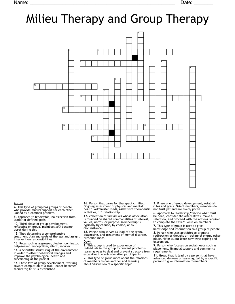 Milieu Therapy and Group Therapy  Crossword