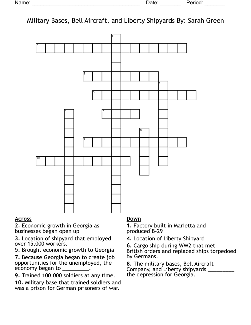Military Bases, Bell Aircraft, and Liberty Shipyards  By: Sarah Green Crossword