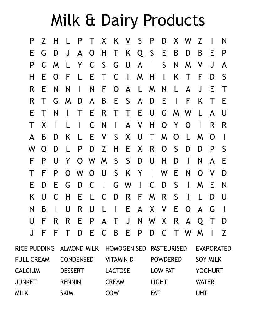 Milk & Dairy Products Word Search