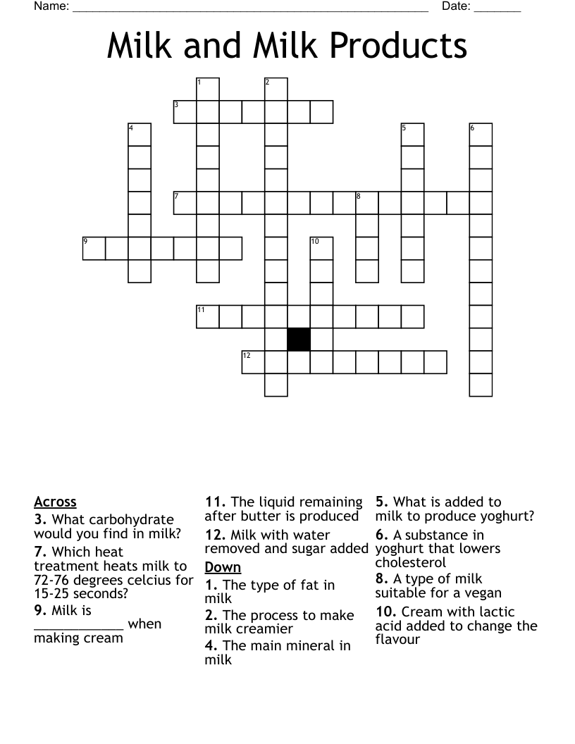 Milk and Milk Products Crossword