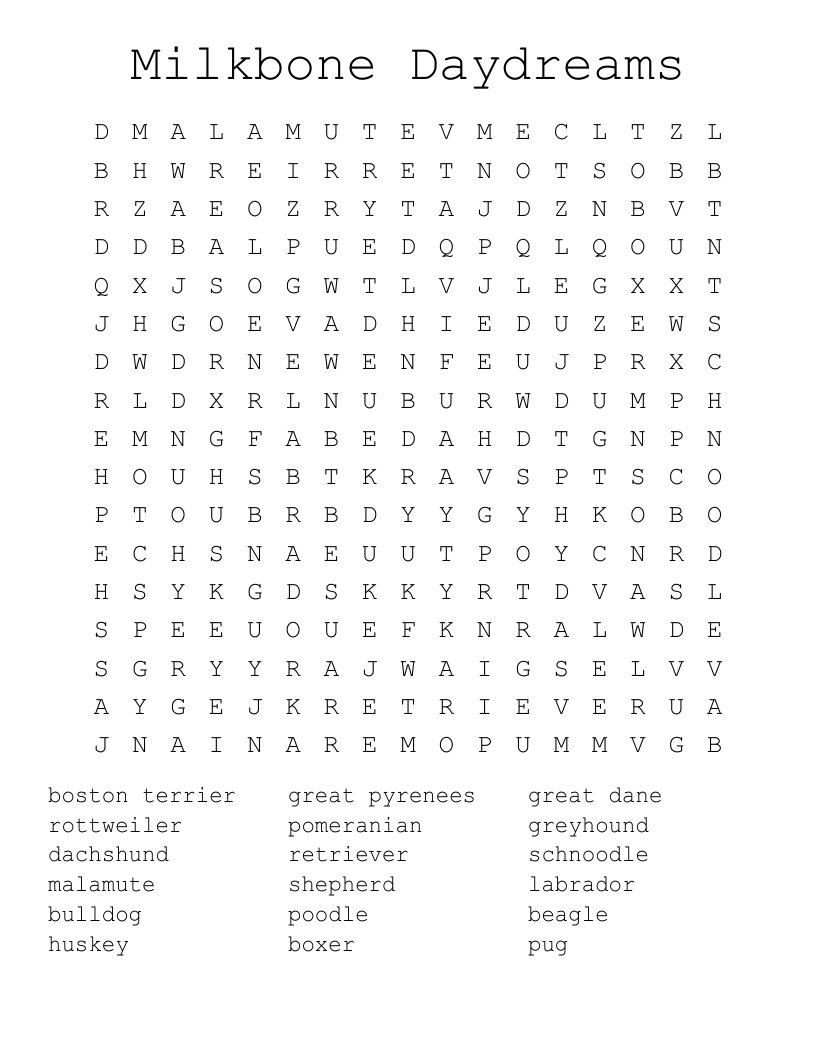 Milkbone Daydreams Word Search