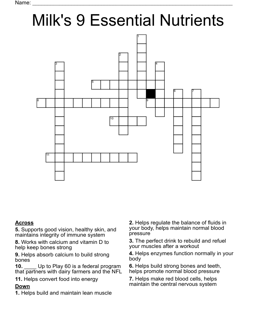 Milk's 9 Essential Nutrients Crossword