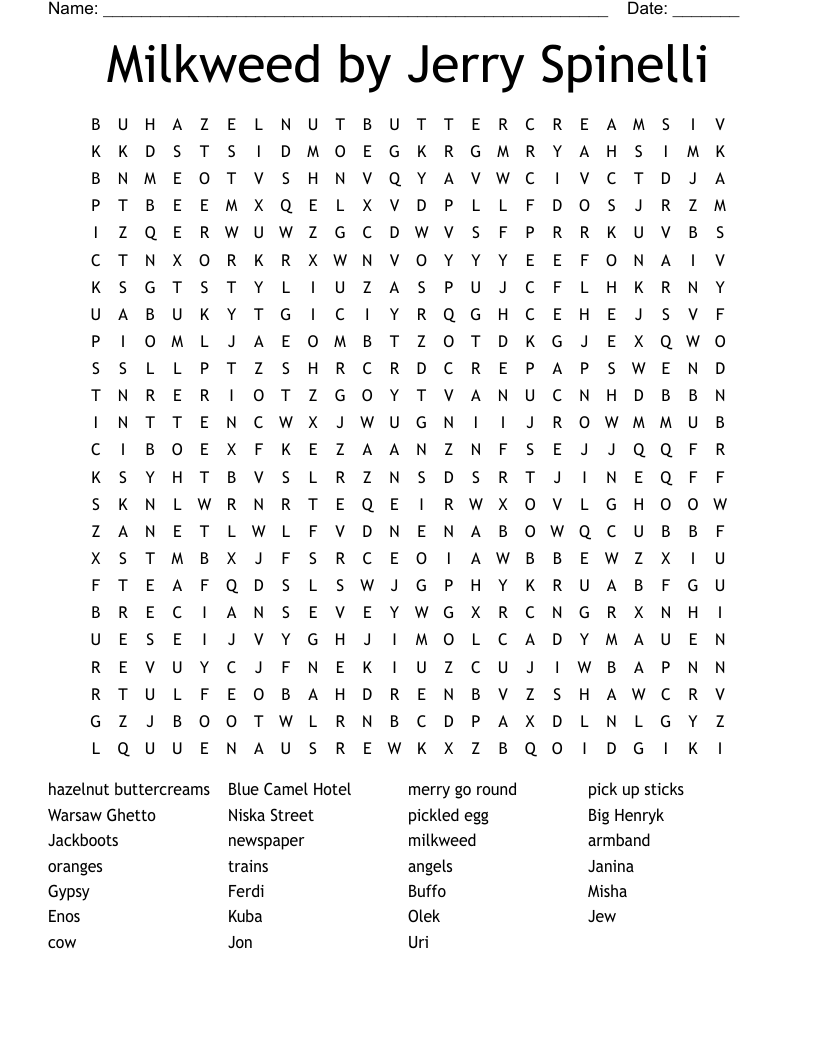 Milkweed by Jerry Spinelli  Word Search