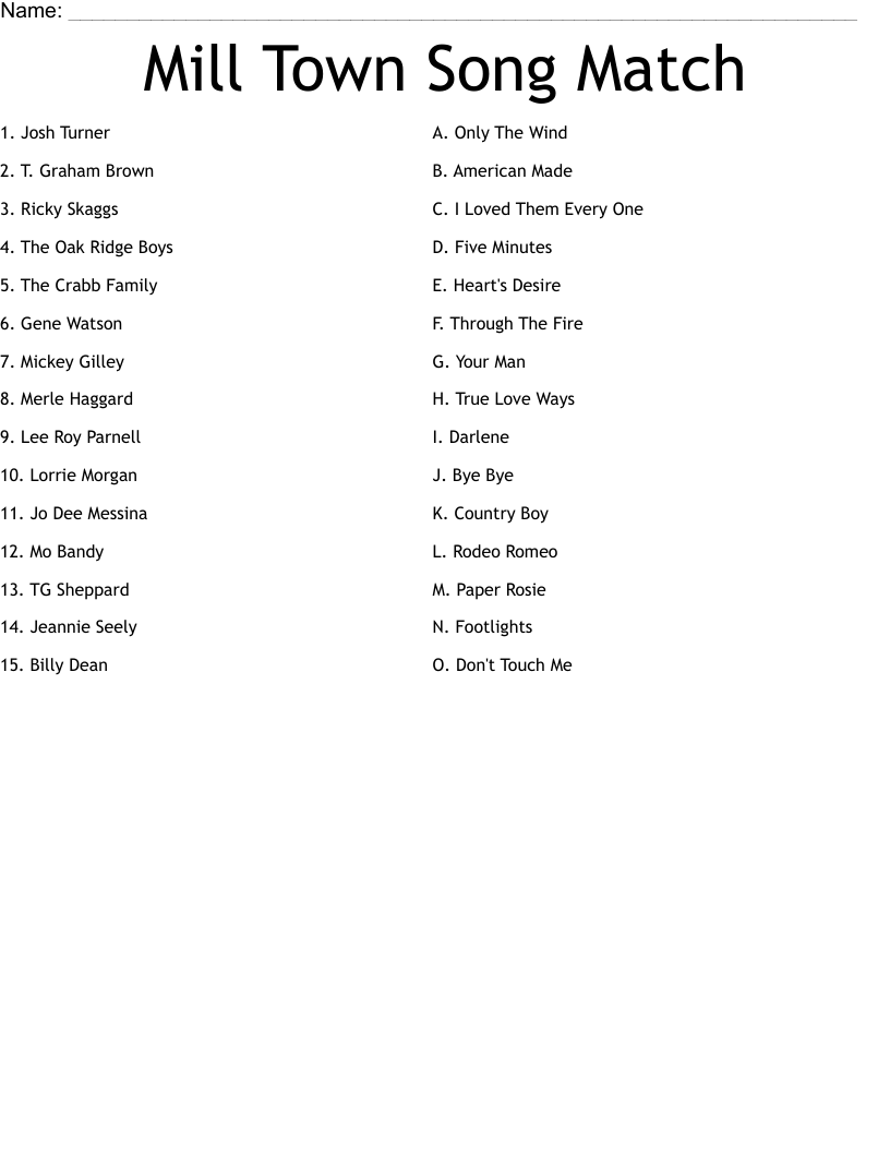 Mill Town Song Match Worksheet