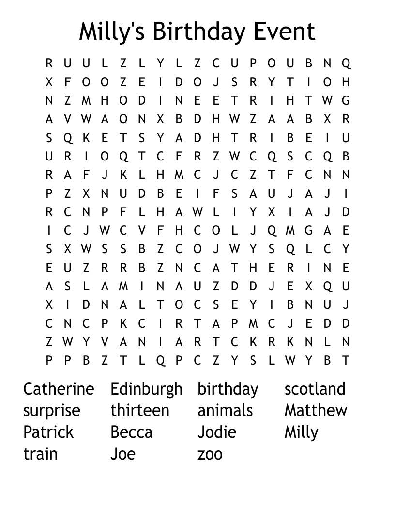 Milly's Birthday Event Word Search