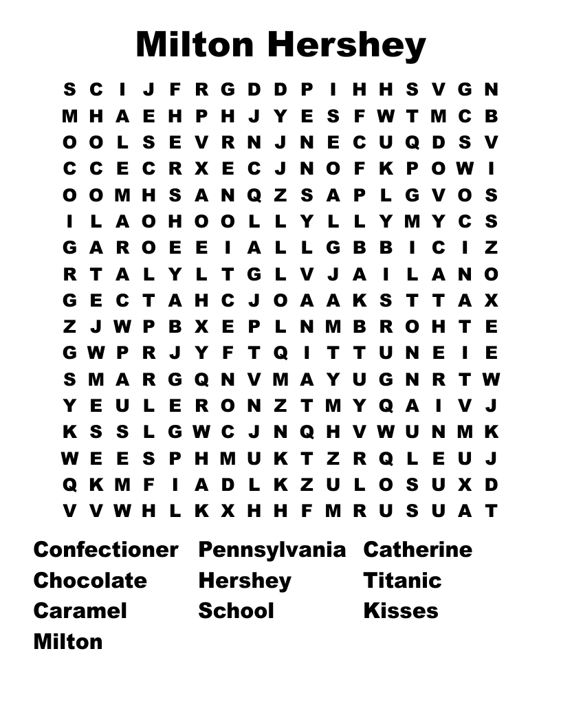 Milton Hershey Word Search