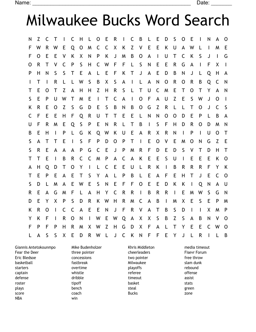 Milwaukee Bucks Word Search