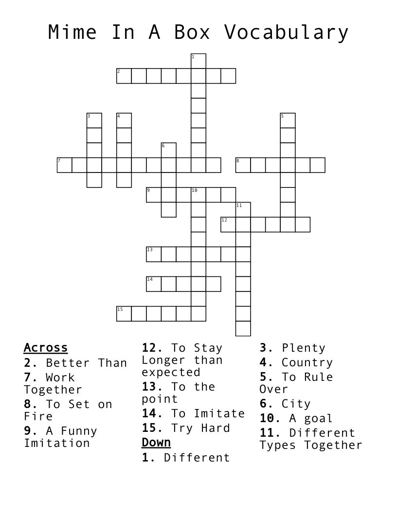 Mime In A Box Vocabulary  Crossword