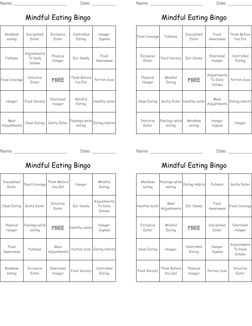 Mindful Eating Bingo 