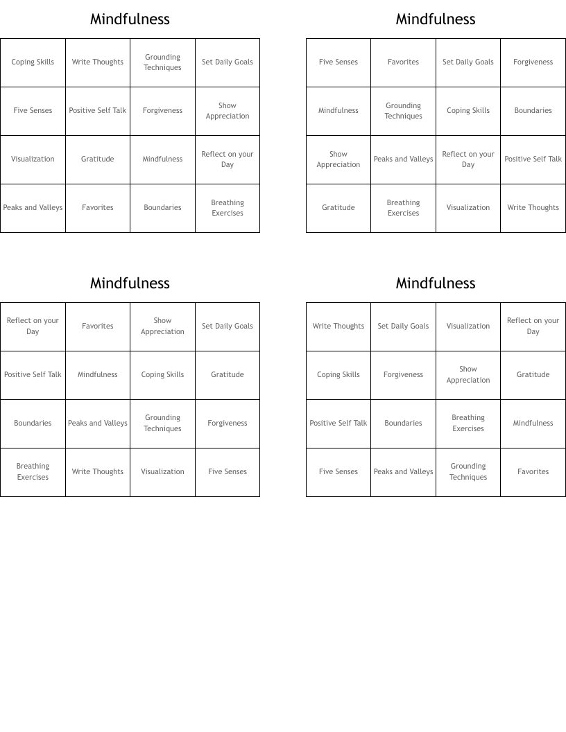 Mindfulness Bingo Cards