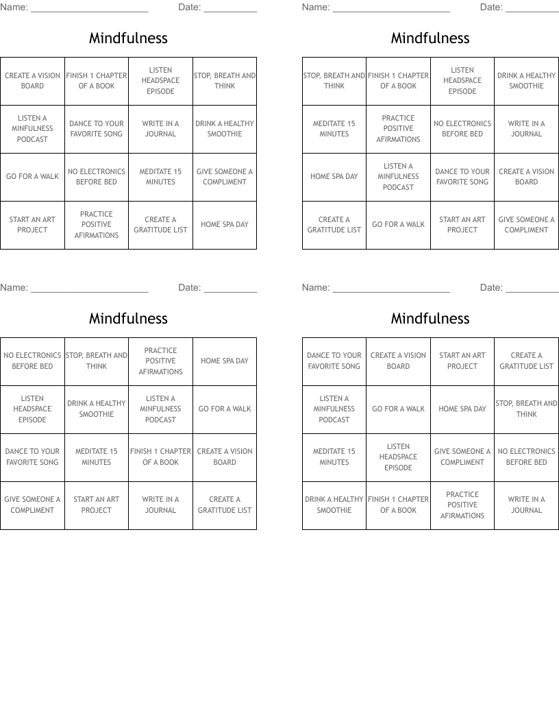 Mindfulness Bingo Cards