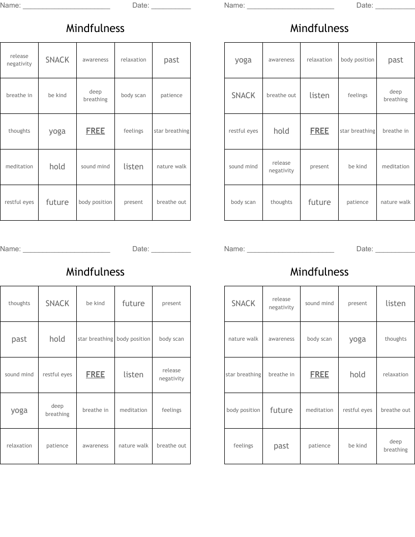 Mindfulness Bingo Cards