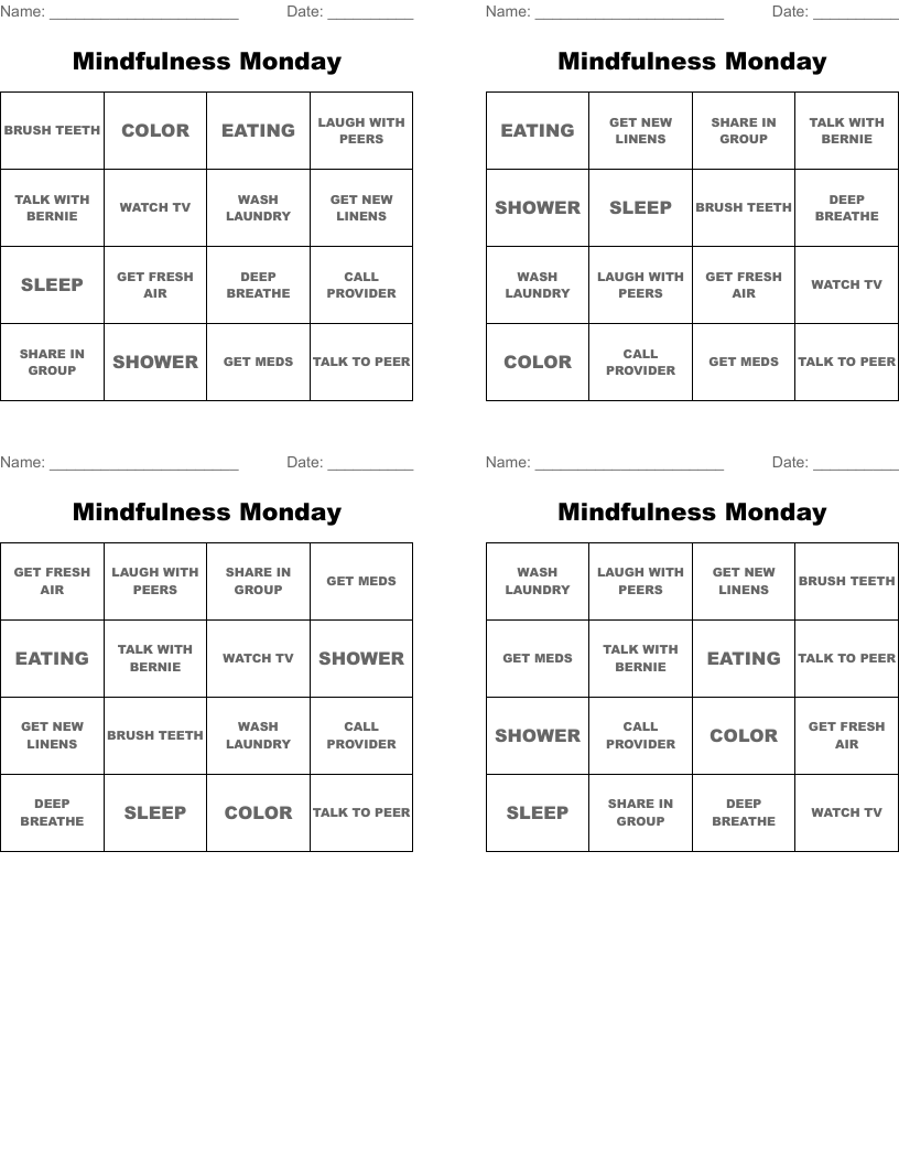 Mindfulness Monday Bingo Cards