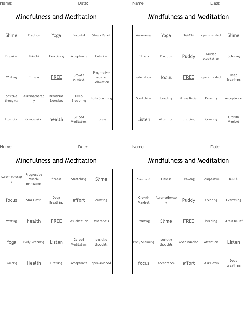 Mindfulness and Meditation Bingo Cards