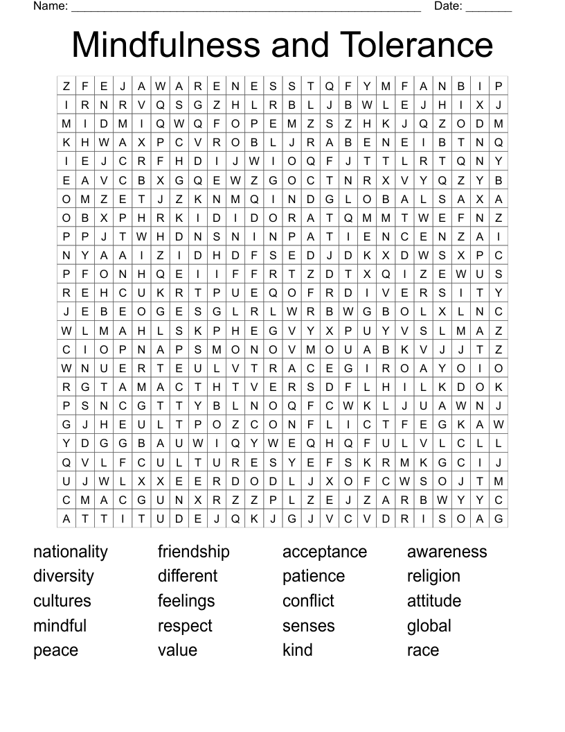 Mindfulness and Tolerance  Word Search