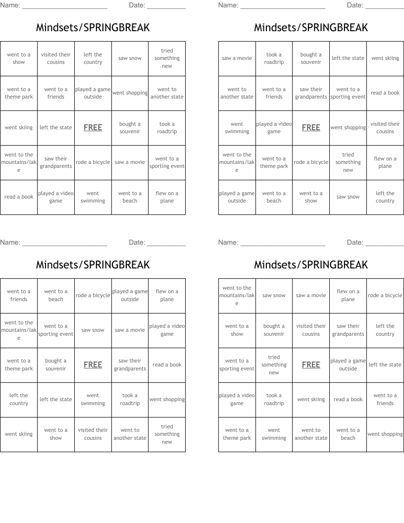 Mindsets/SPRINGBREAK Bingo Cards