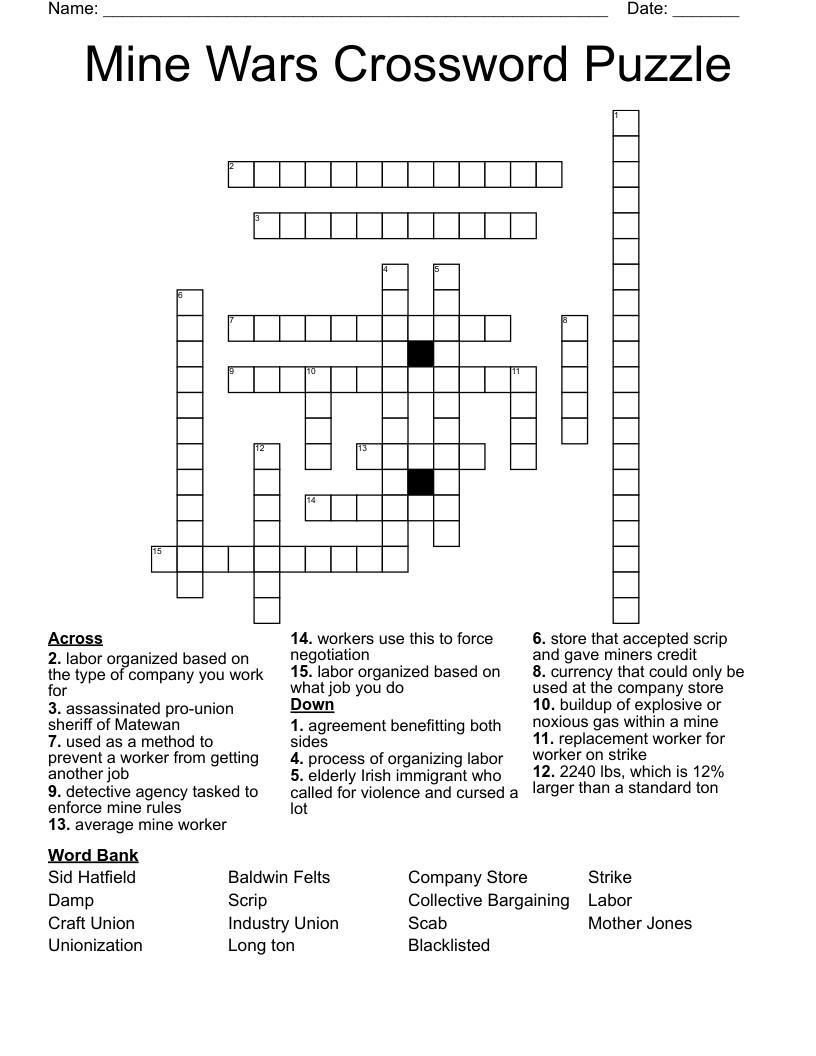 Mine Wars Crossword Puzzle