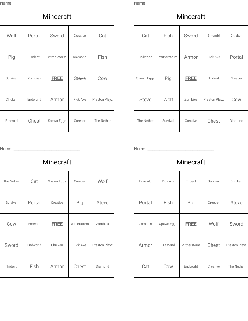 Minecraft Bingo Cards