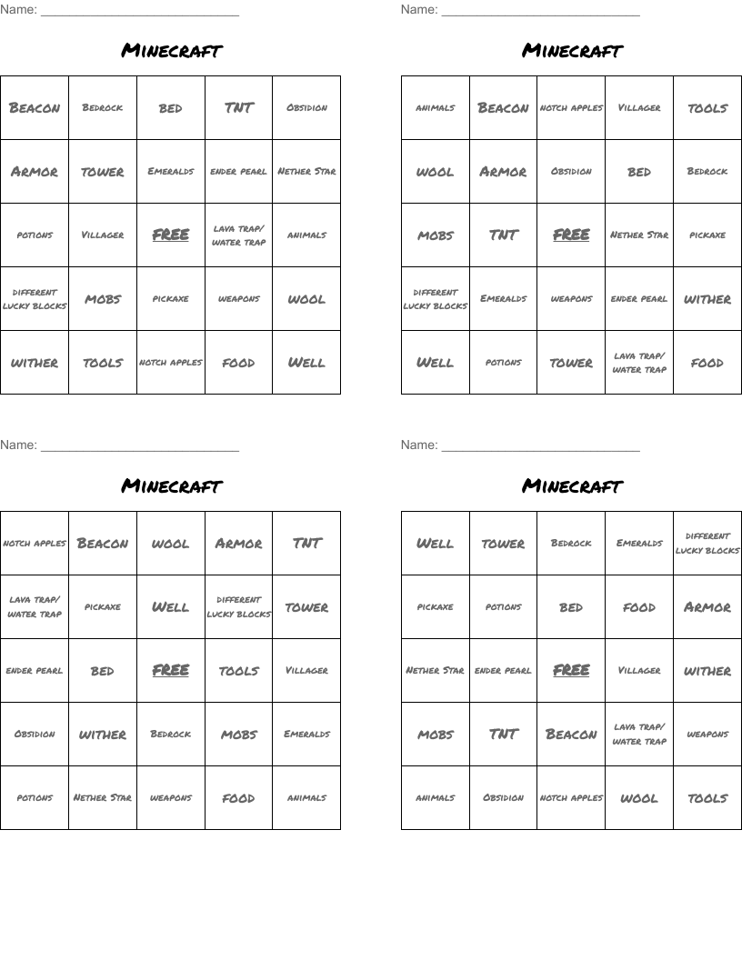 Minecraft Bingo Cards