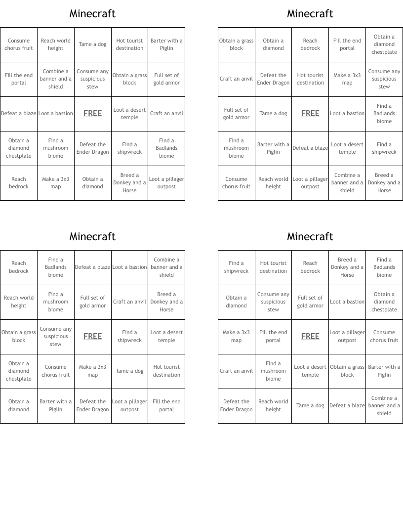 Minecraft Bingo Cards