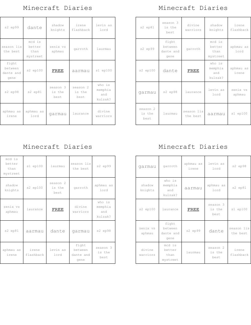 Minecraft Diaries Bingo Cards