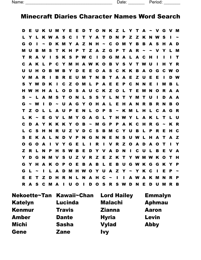 Minecraft Diaries Character Names Word Search