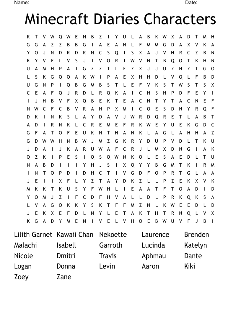 Minecraft Diaries Characters Word Search