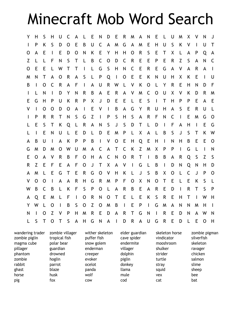 Minecraft Mob Word Search