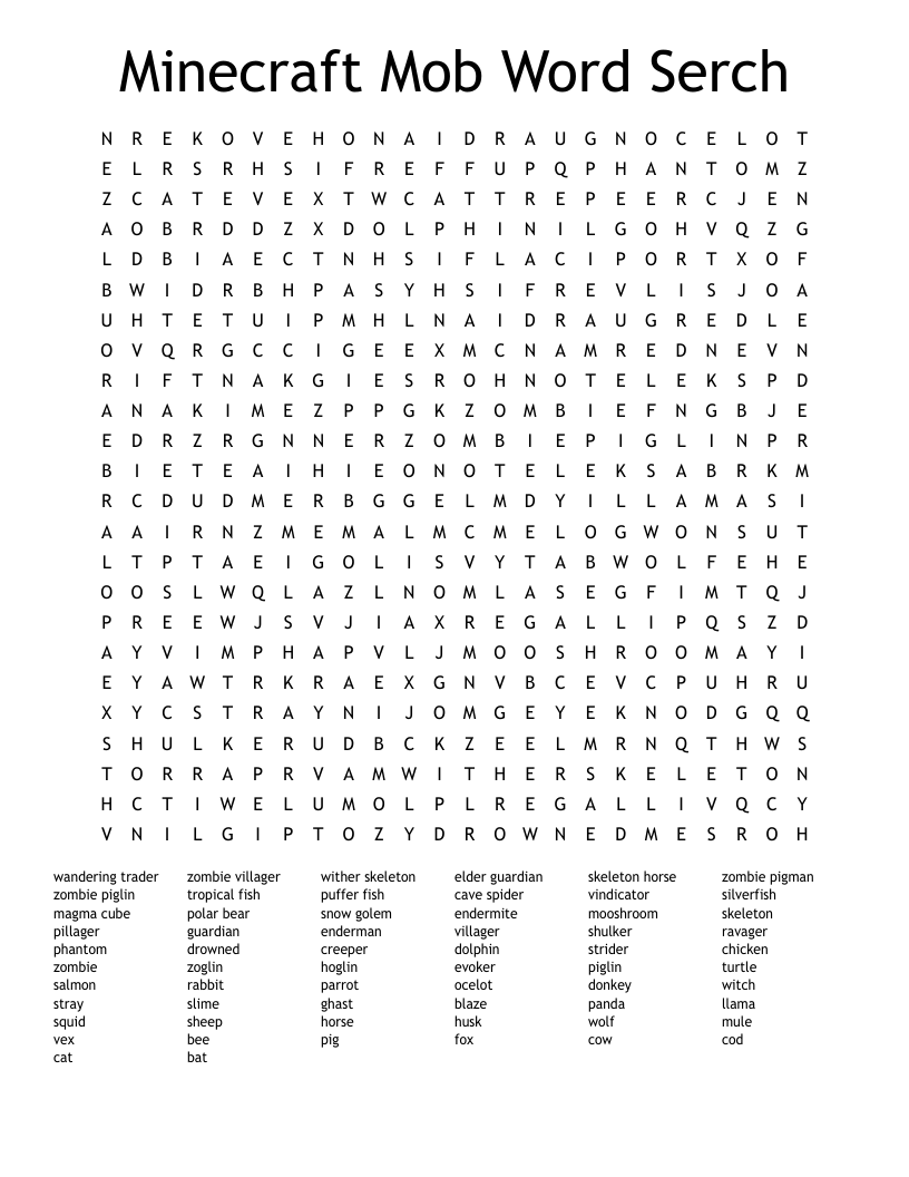 Minecraft Mob Word Serch Word Search