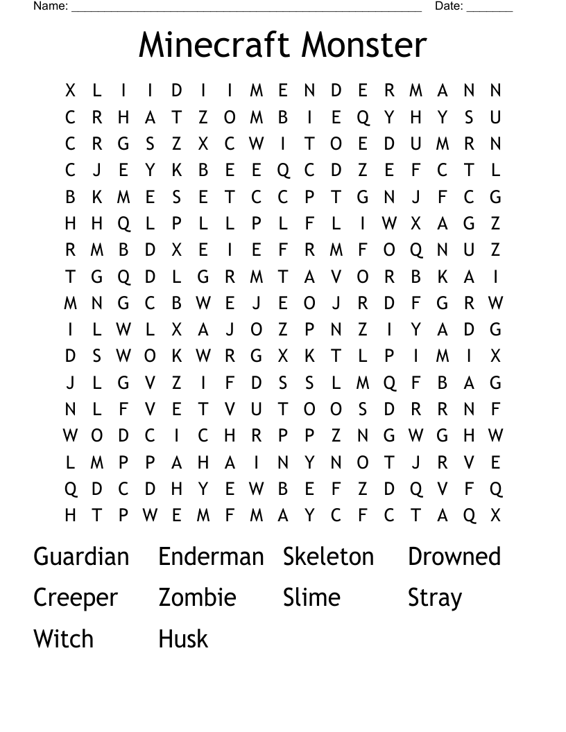 Minecraft Monster Word Search