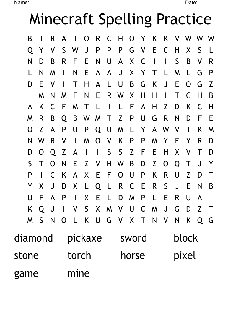 Minecraft Spelling Practice Word Search
