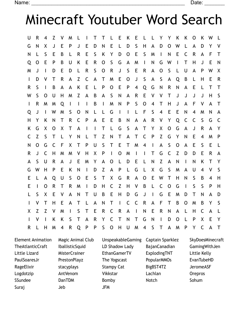 Minecraft Youtuber Word Search