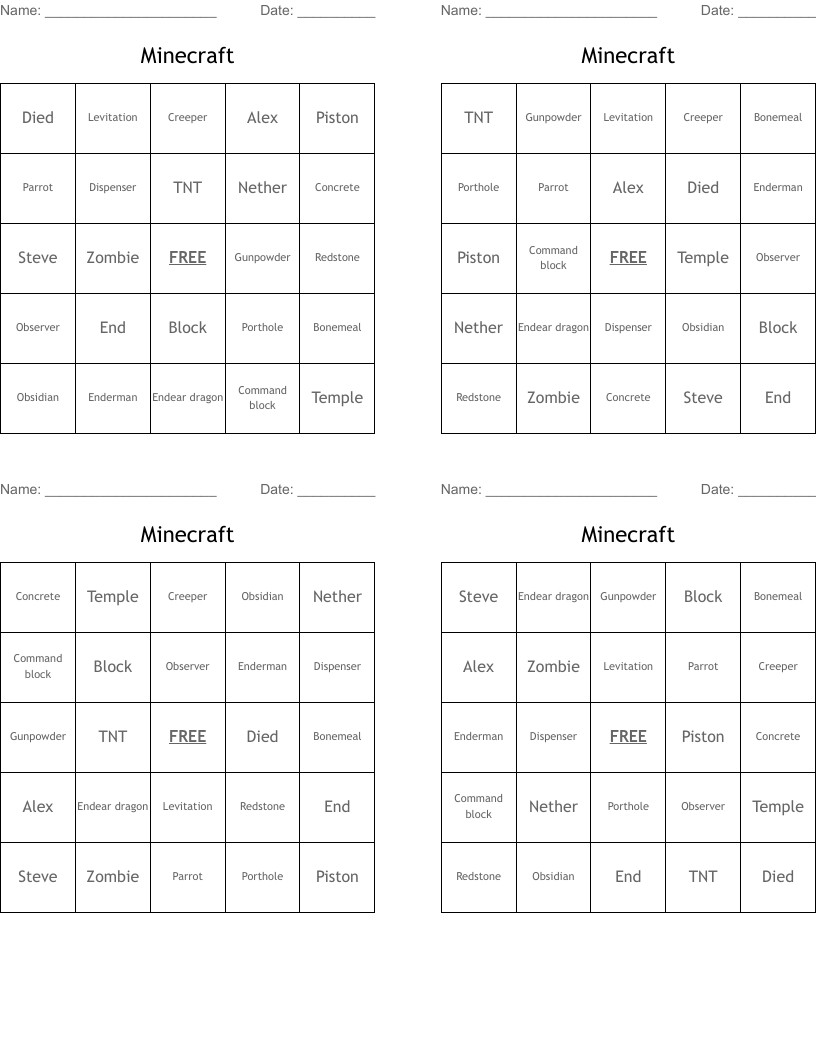 Minecraft  Bingo Cards