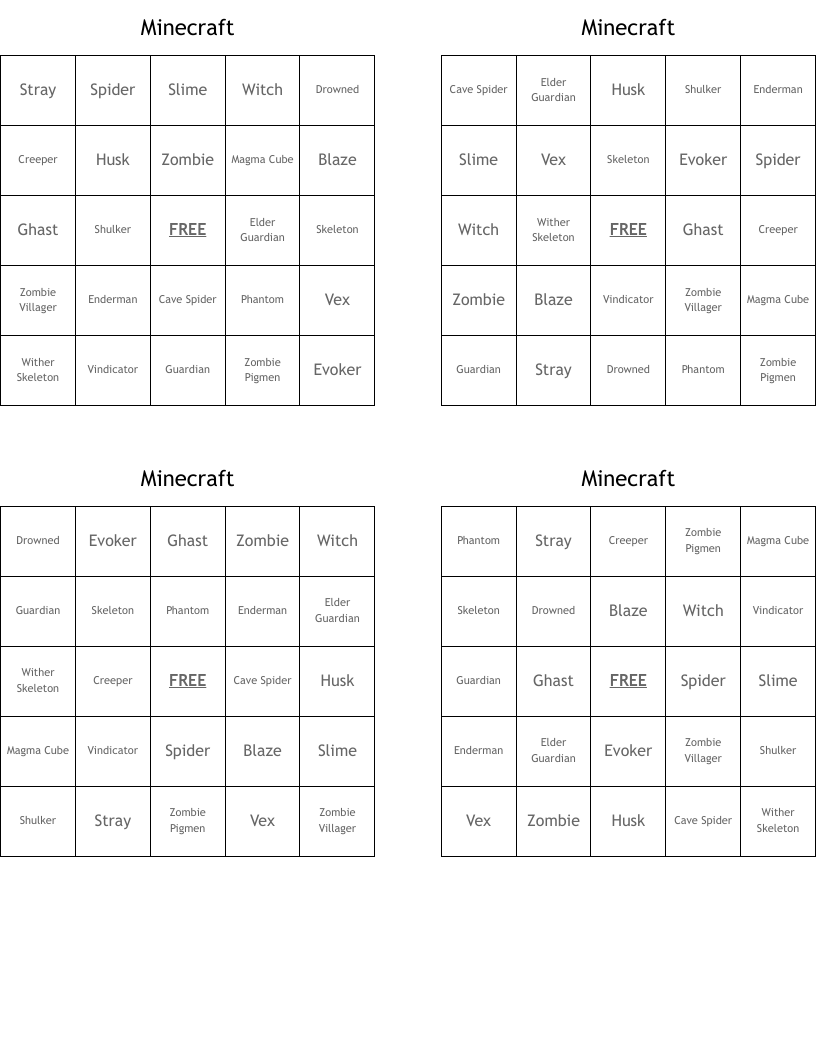 Minecraft  Bingo Cards