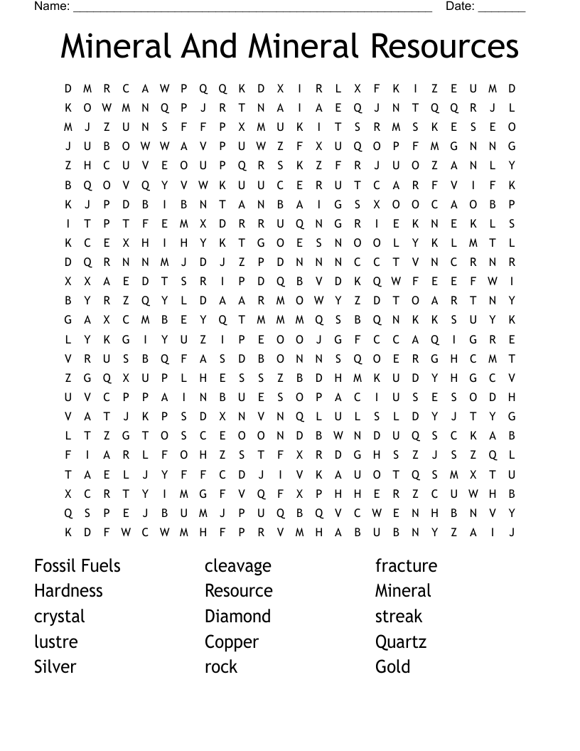Mineral And Mineral Resources Word Search