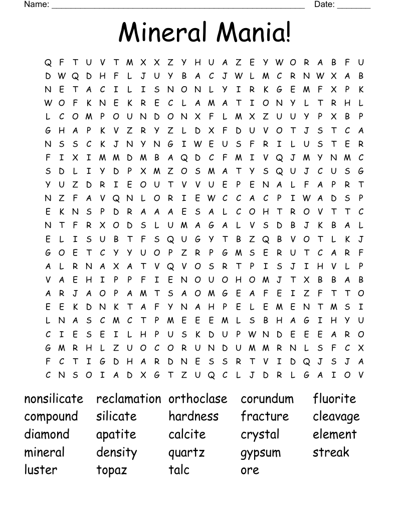 Mineral Mania! Word Search