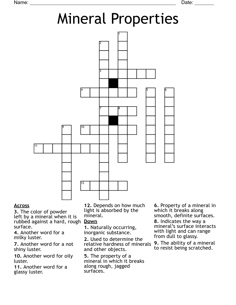 Mineral Properties  Crossword
