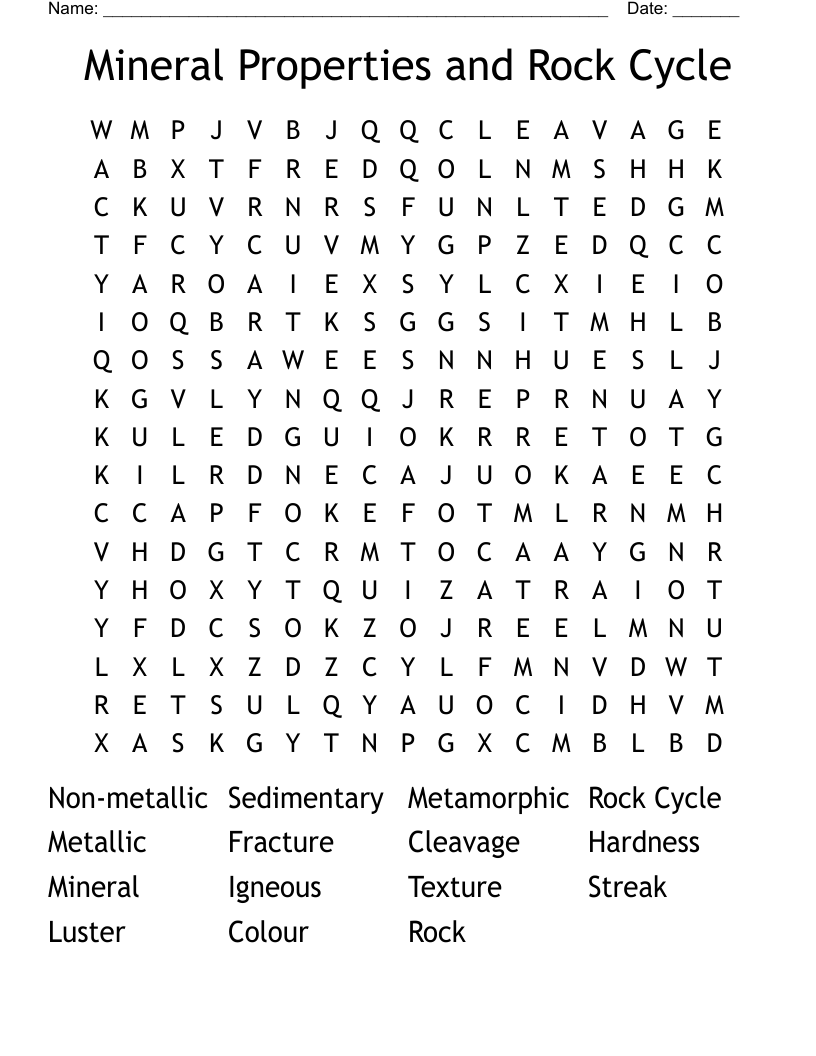 Mineral Properties and Rock Cycle Word Search