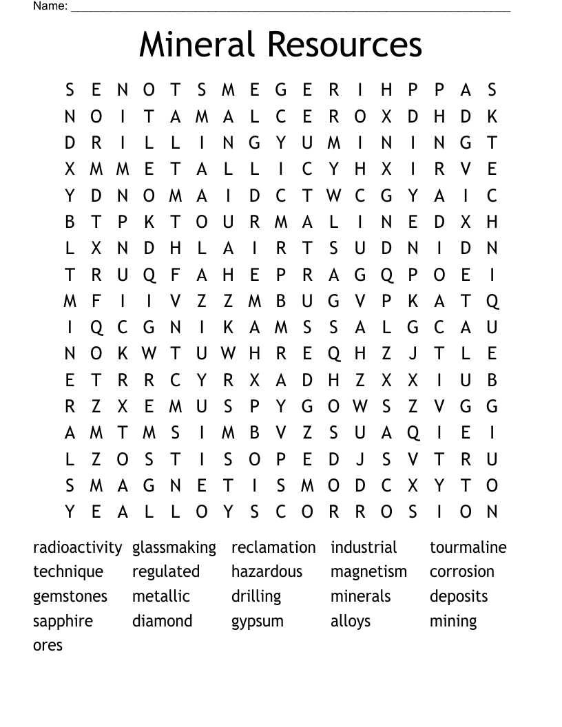 Mineral Resources Word Search