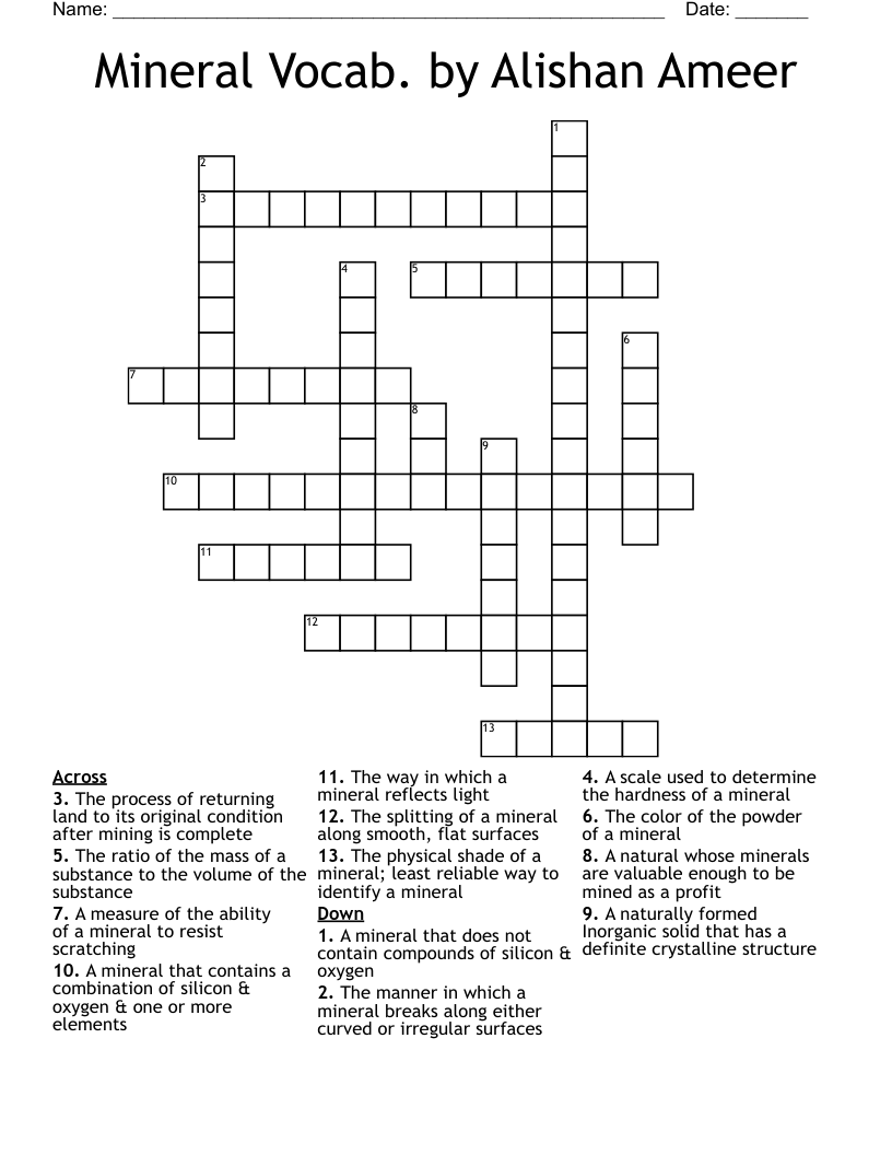 Mineral Vocab. by Alishan Ameer Crossword