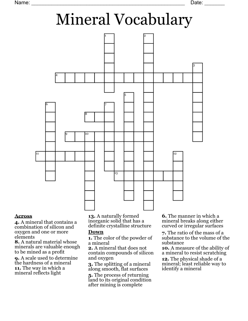 Mineral Vocabulary Crossword