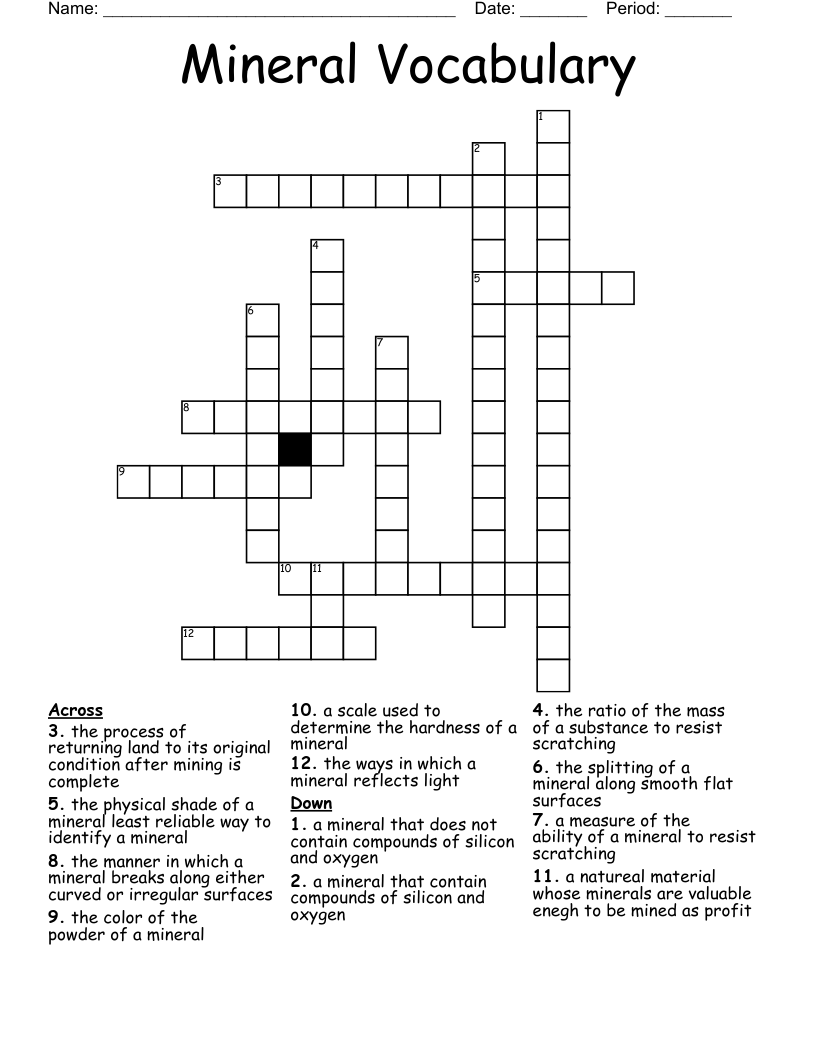Mineral Vocabulary Crossword