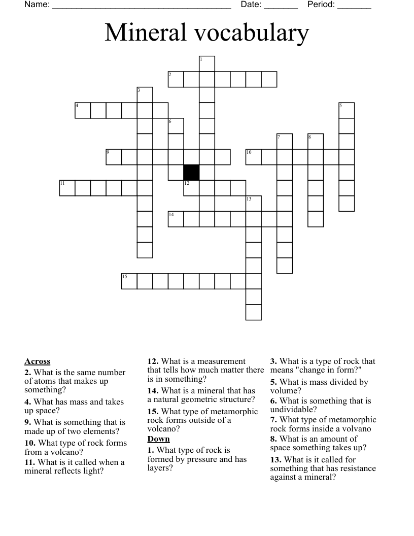 Mineral vocabulary Crossword
