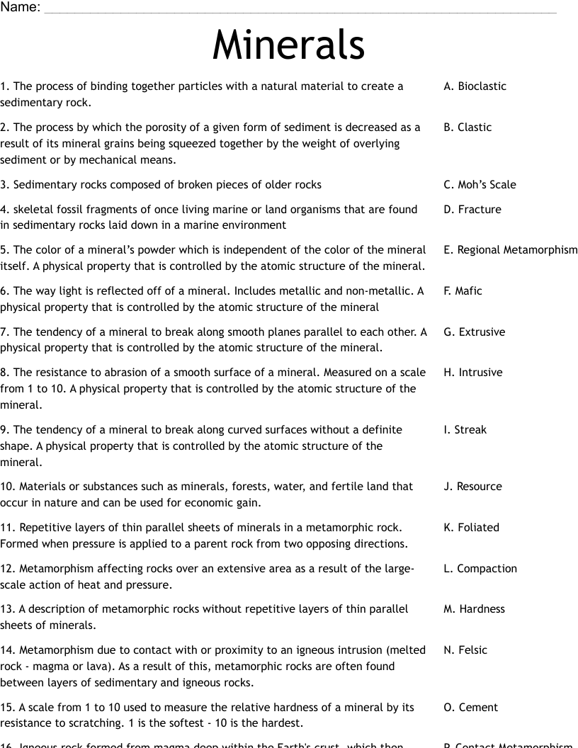 Minerals Worksheet